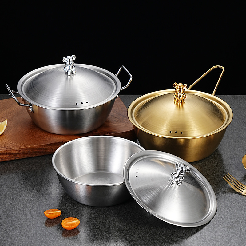 Bát rượu gạo hai tai Hàn Quốc Nồi mì ăn liền inox 304 có nắp Golden Bear Snack Rack Snack Bát salad