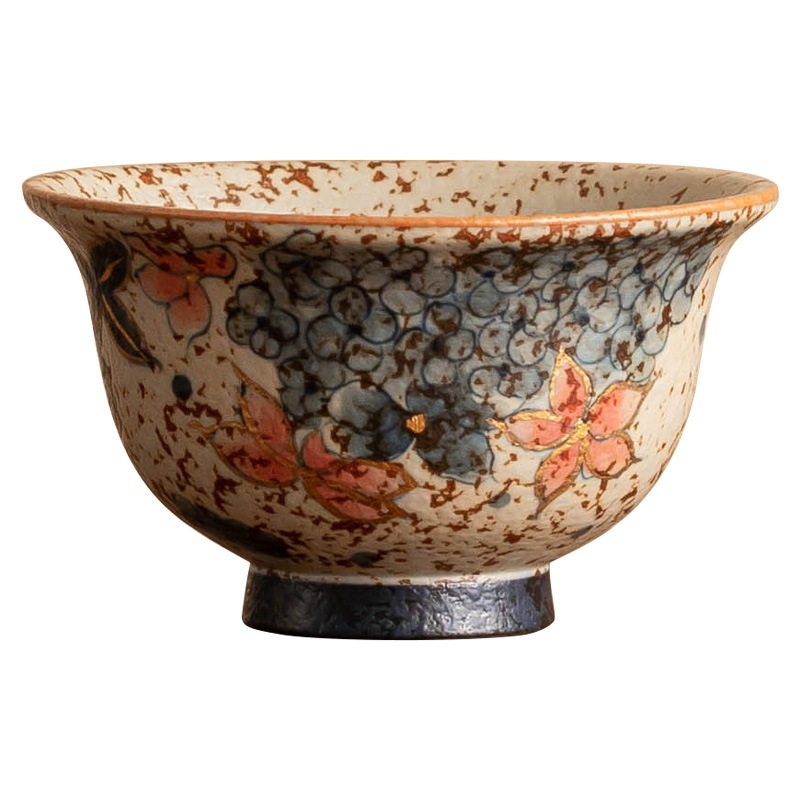 Cốc trà gốm sứ cao cấp màu xanh và trắng đá lửa đỏ sơn vàng hoa cẩm tú cầu dập tay cốc lớn chủ nhân cốc trà cốc trà