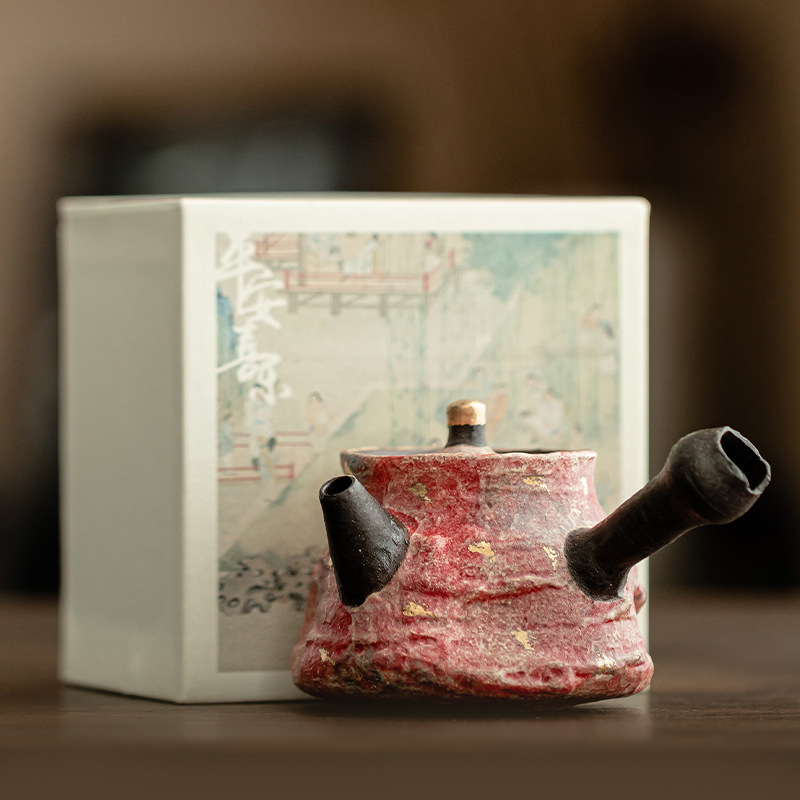 Wabijifeng Rock Mine Gốm vẽ râu gấp bên tay cầm ấm trà gốm sứ dung tích lớn sáng tạo ấm đơn bộ lọc hộp quà