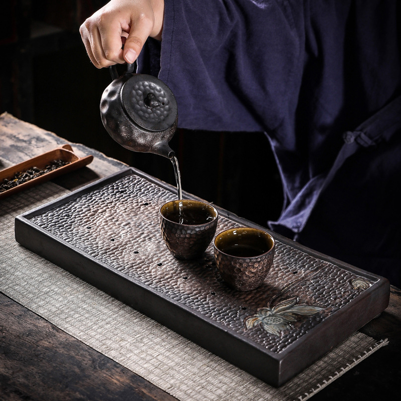 Khay Trà Hương cổ mạ vàng kiểu Nhật, khay trà gốm thô gia dụng cổ điển, khay đựng nước và thoát nước, khay pha khô nhỏ đơn giản