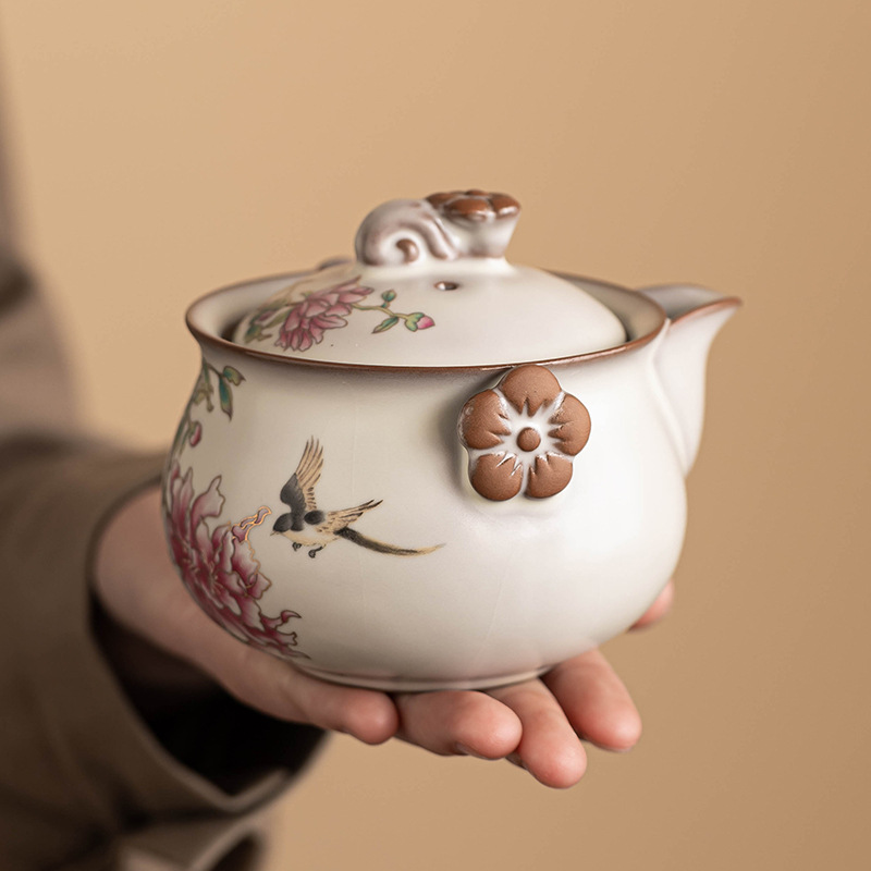 Ấm trà Ru Kiln ấm cầm tay có nắp đậy ấm pha trà hoa mẫu đơn đông lạnh mỡ lợn, bát trà gia dụng chống bỏng cao cấp có nắp