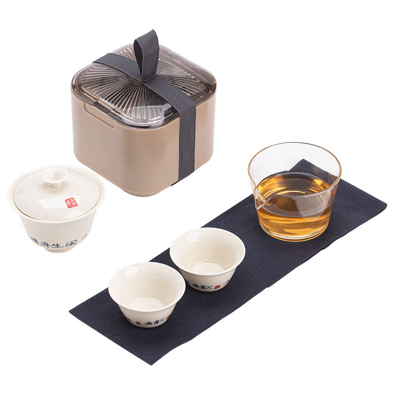Bộ trà du lịch màu xám thực vật Bộ trà gốm sứ tiện lợi Một ấm hai cốc