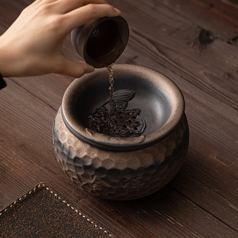 Cốc rửa trà Jianshui tráng men mạ vàng nung cổ xưa, thùng đựng bã trà lớn, phụ kiện bộ trà gốm thô cổ điển, thùng trà