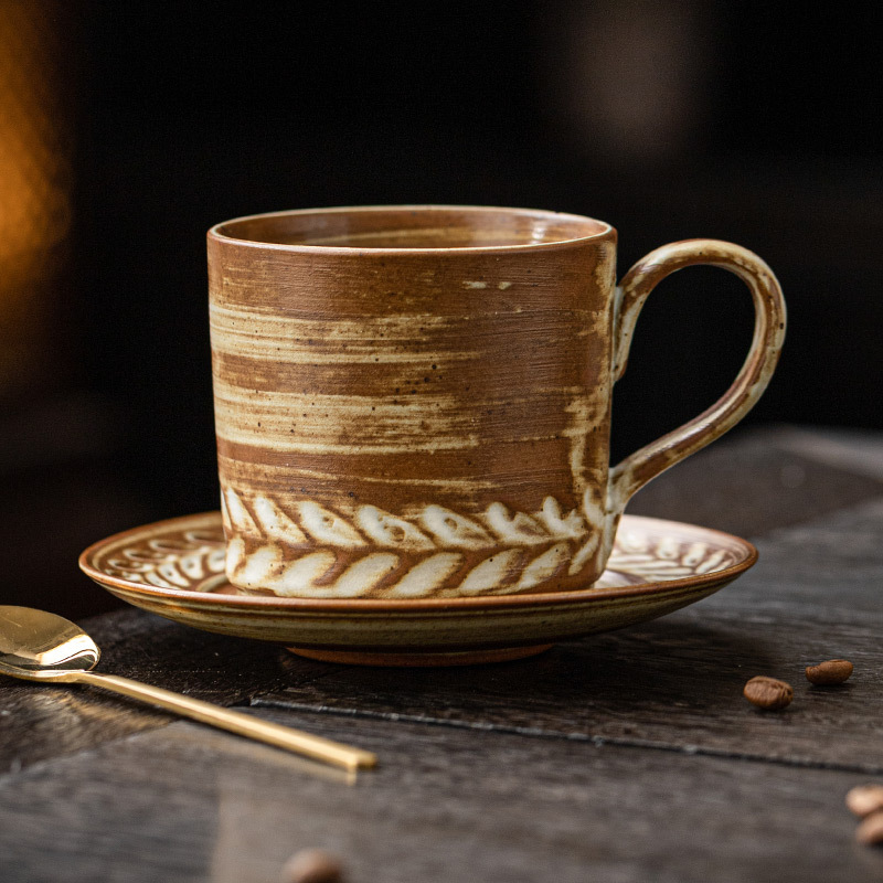 Bộ tách và đĩa cà phê họa tiết lúa mì, cốc cappuccino latte phong cách châu Âu cổ điển gia dụng, cốc kéo cà phê lạ mắt