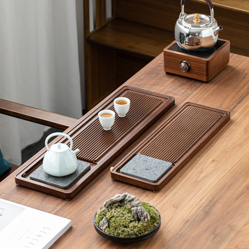 Khay trà tre nặng khay đựng trà gia dụng khay trà bàn trà thoát nước ngăn chứa nước dùng đôi khay pha khô bằng tre mun đơn giản kiểu Nhật