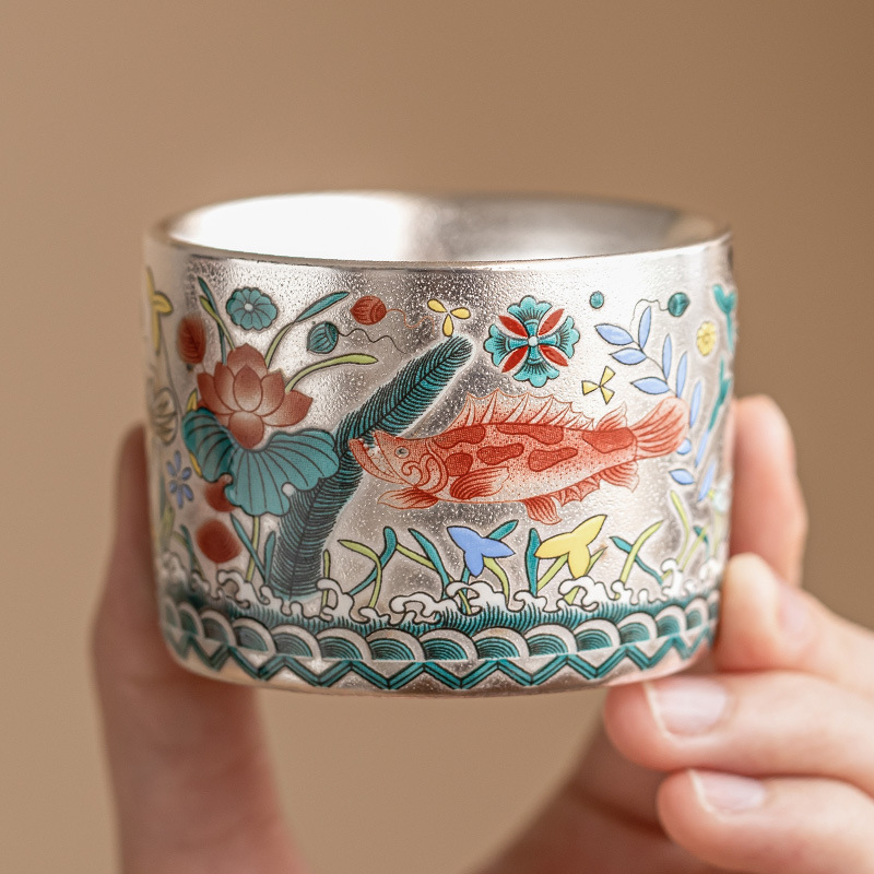 Cốc trà mạ bạc 999 cốc chủ nhân cao cấp cá chơi sen hồ thẳng cốc trà cốc trà chuyên dụng cốc trà cốc đơn