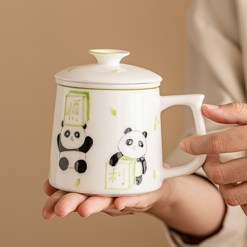 Cốc pha trà mạt chược gấu trúc vẽ tay cốc văn phòng tinh tế cao cấp cốc gốm sứ cốc tách nước trà cốc có lót