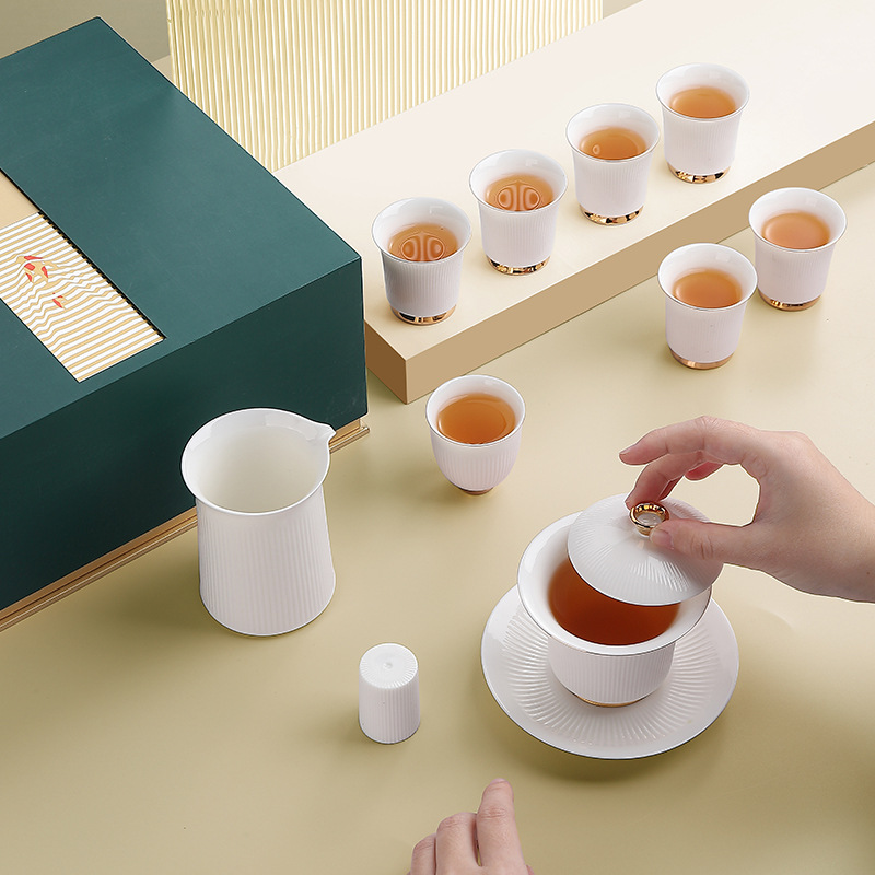 Bộ ấm trà ngọc bích mỡ cừu Bộ bát Ba tài năng có nắp hộp quà tặng doanh nghiệp hỗ trợ LOGO