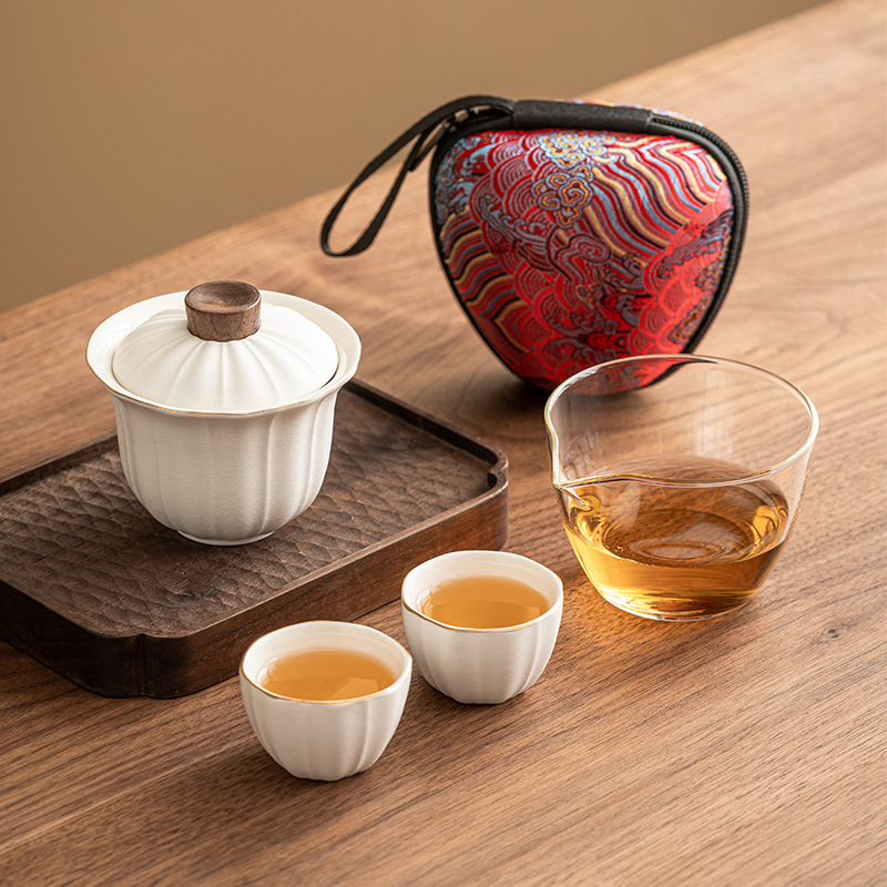 Bộ dụng cụ pha trà Du Lịch Có Nắp đậy bằng tay Bộ dụng cụ pha trà ngoài trời di động một bình Hai cốc gốm sứ LOGO cốc khách nhanh