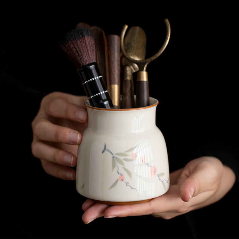 Hộp đựng bút gốm sứ tráng men vẽ tay màu xám thực vật Hộp đựng trà 6 quý ông Bộ trà Kung Fu gia dụng Phụ kiện trà đạo