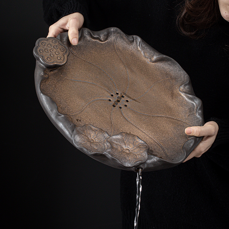 Khay Trà Hoa Sen tráng men mạ vàng kiểu Nhật, khay đựng gốm sứ, trữ nước, thoát nước, khay pha khô dùng kép, Khay trà bàn trà