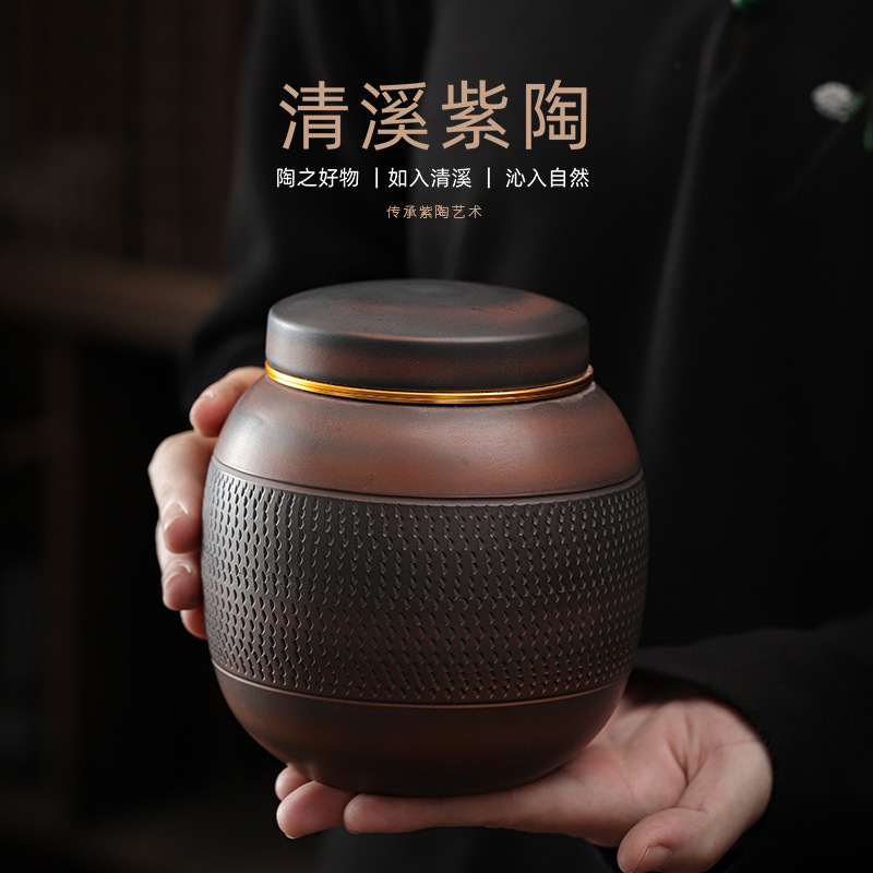 Bình đựng trà ống tròn gốm tím Thanh Tây, dao nhảy thủ công cỡ lớn kiểu Trung Quốc, bình đựng trà gốm kín, trà đen nửa catty