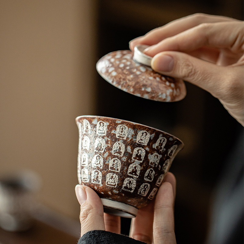 Đôn Hoàng Vạn Phật mạ bạc hai chiếc bát có nắp làm bằng gốm thô thủ công bùn đá cổ điển Bát Trà Hộp Quà Bộ trà Kung Fu