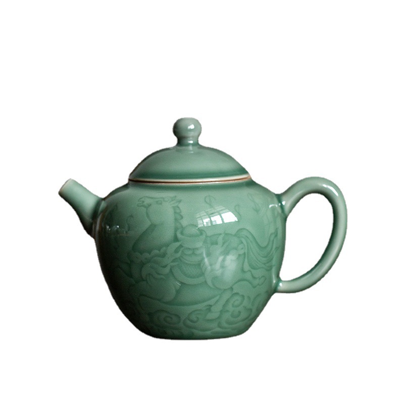 Ấm trà gốm sứ chạm khắc bóng men ngọc sang trọng nhẹ cao cấp ấm trà xanh Pu'er dung tích lớn nhỏ gia dụng ấm đơn Bộ trà Kung Fu