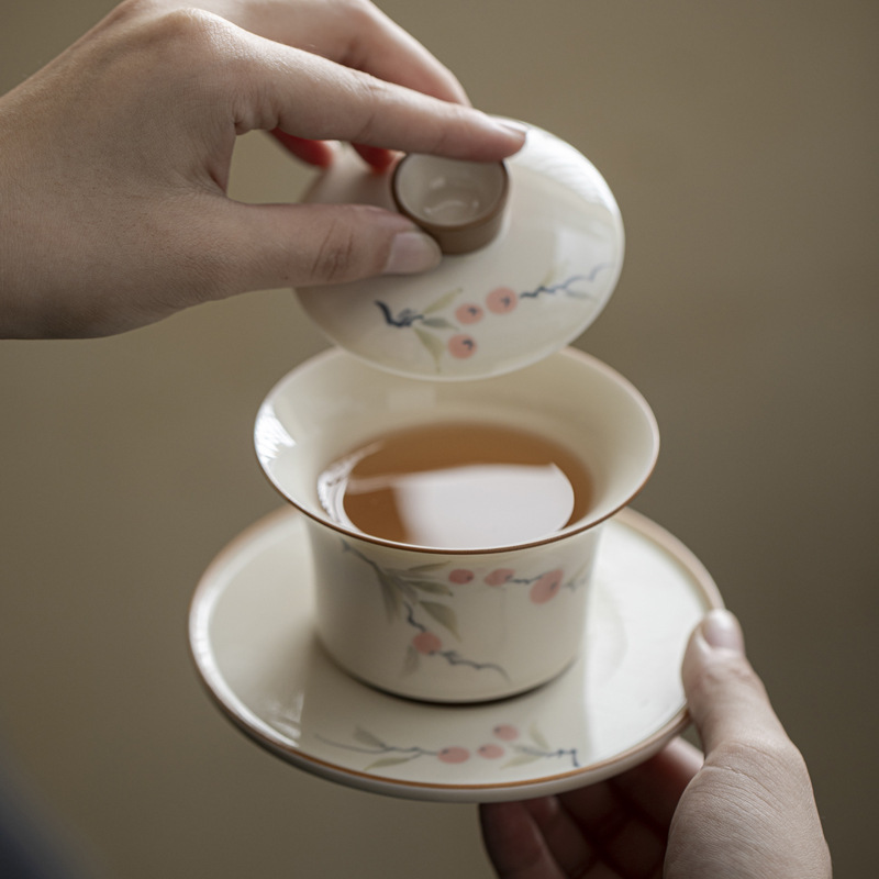 Bát ba tài vẽ tay tráng men màu hồng hồng Ruyi dụng cụ pha trà Kung Fu cao cấp Trung Quốc gia dụng bát trà gốm sứ