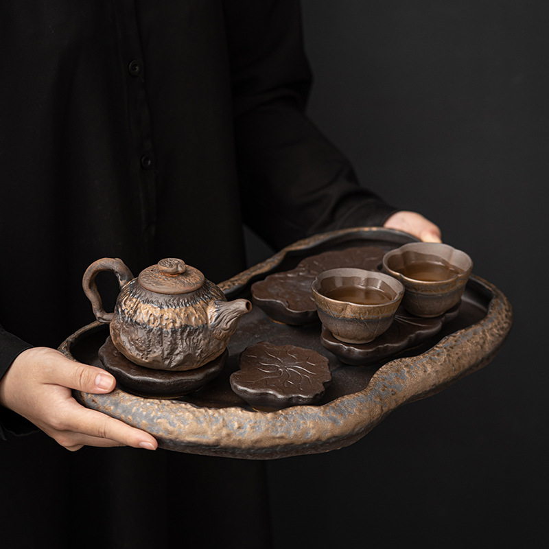 Khay bong bóng khô hồ sen tráng men mạ vàng kiểu Nhật khay đựng trà lớn bằng gốm thô khay đựng trà kiểu thoát nước khay gia dụng