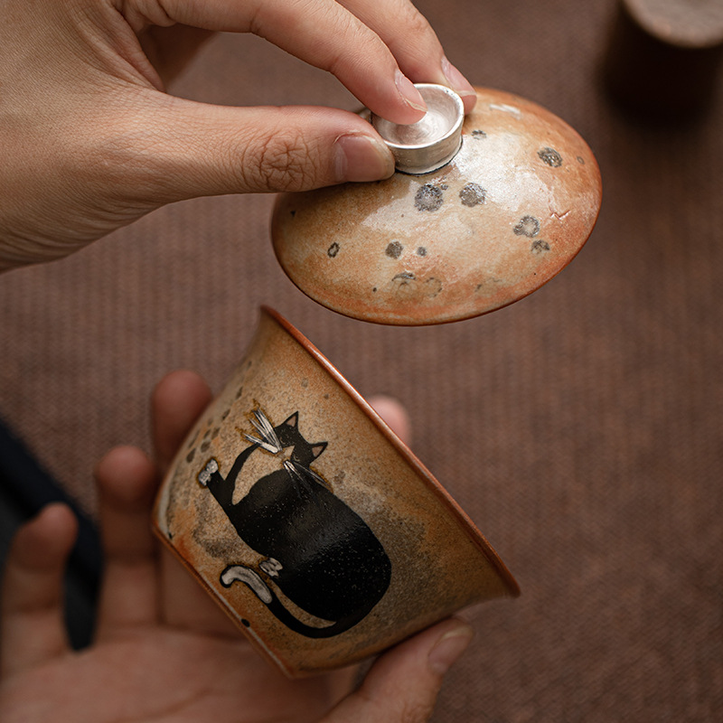 Shiye Cat nằm trên núi có Nắp bát, lò nung kiểu Nhật, gốm sứ sơn thủ công cổ điển, bát có nắp thứ hai, Bát pha trà cỡ nhỏ, tách trà