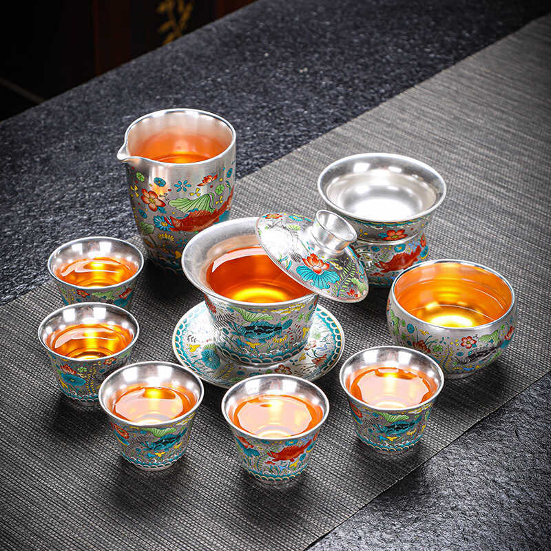 Bộ trà bạc sang trọng nhẹ ấm trà sơn nổi bằng tay bạc nguyên chất 999 có thể lơ lửng bát nắp bộ trà Kung Fu lắp ráp