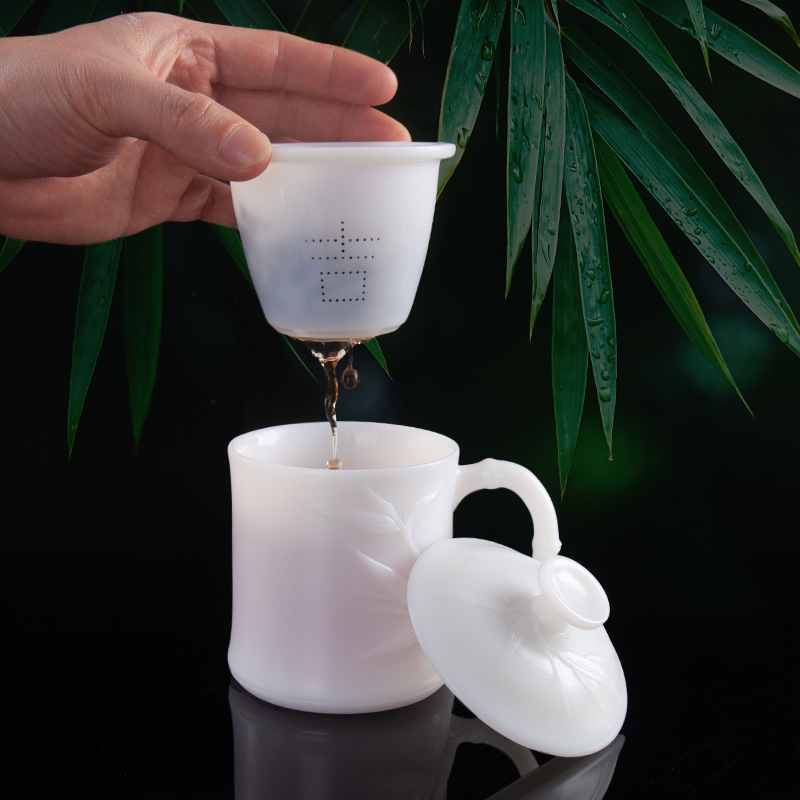 Ngọc cừu Ngọc Đức Hoa sứ trắng cốc văn phòng gốm sứ gia dụng cốc cá nhân có nắp cốc nước loại băng cao cấp Guo Zhibao