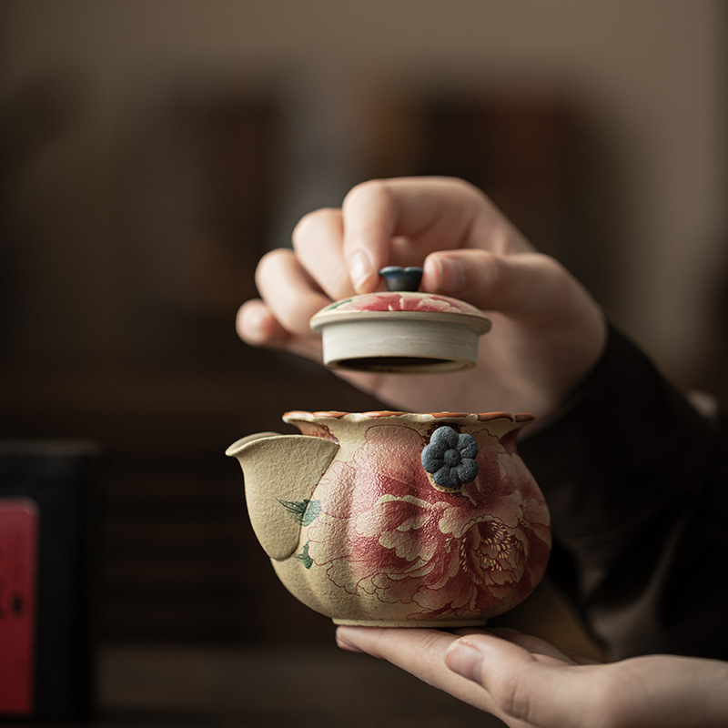 Bộ ấm trà cầm tay màu xanh và trắng đá lửa màu đỏ hộ gia đình cổ mẫu đơn ấm trà gốm chống bỏng ấm trà đơn Kung Fu bộ trà