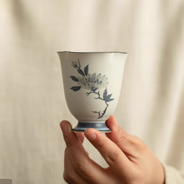 Cốc miệng hoa mẫu đơn vẽ tay cổ điển, cốc chủ nhân gốm sứ gia dụng, cốc trà chuyên dụng cá nhân, bộ trà, cốc trà