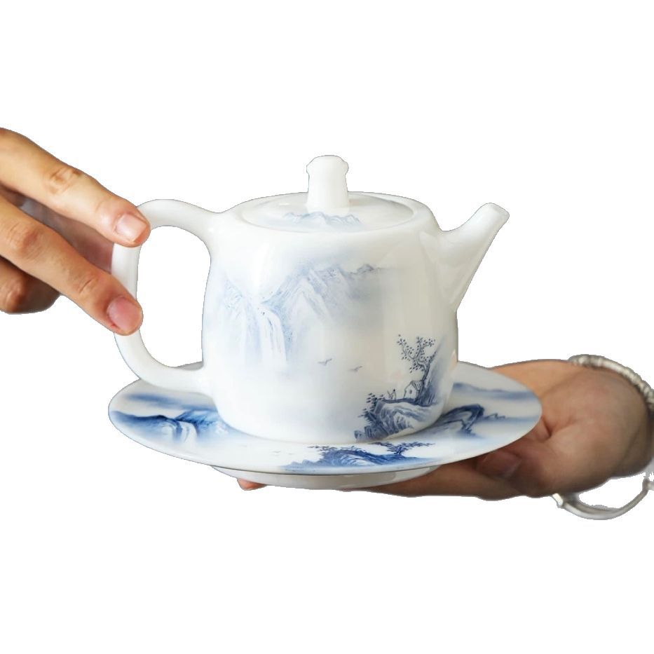 Guo Zhibao cao cấp mỡ cừu ngọc bích băng ngọc bích sứ vẽ tay ấm trà gốm sứ gia dụng thủ công ấm trà Kung Fu