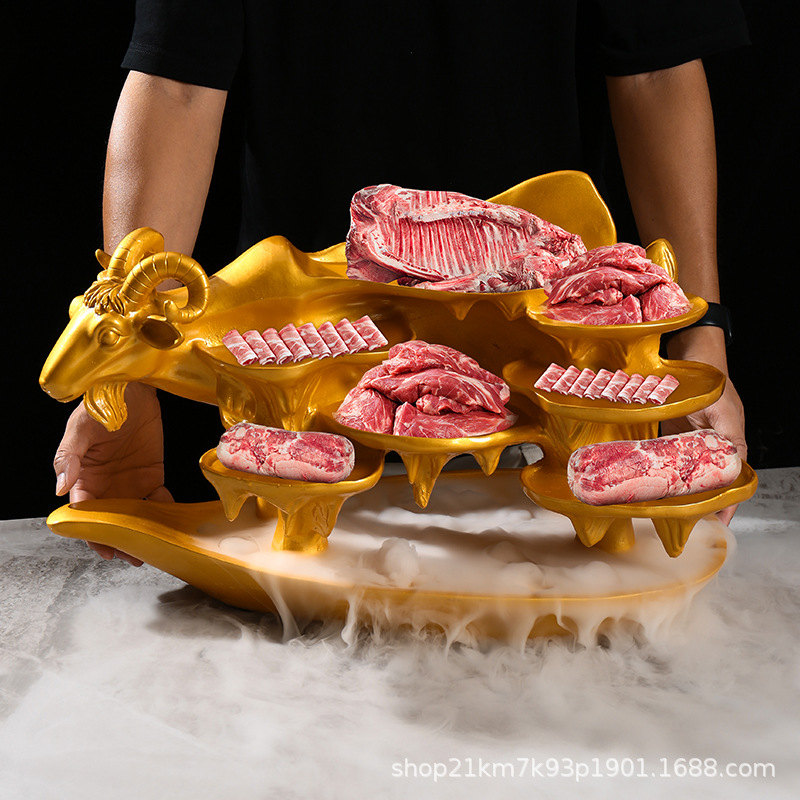 Bộ đồ ăn đá khô sáng tạo bằng nhựa, lẩu hình cừu, quan niệm nghệ thuật, tiệc bò vàng, đặc trưng thịt bò Chaoshan, đĩa thịt nướng