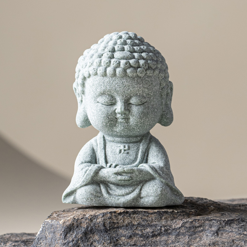 Đồ trang trí nhỏ ba vị Phật và thiền bằng đá xanh