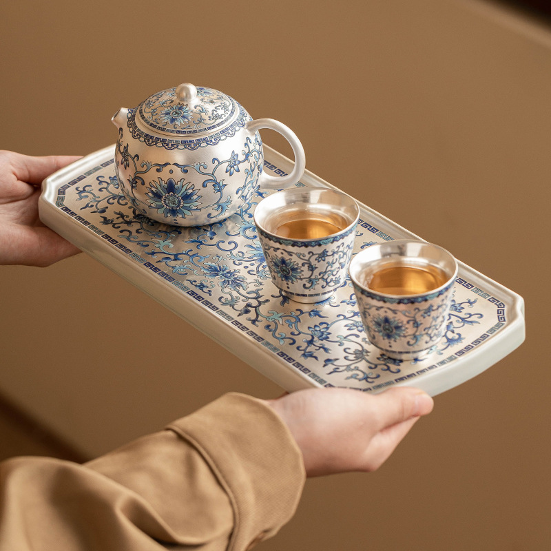 Bộ ấm trà bạc Fuyun Nian Lian mạ bạc một ấm hai cốc ấm trà sang trọng nhẹ cao cấp tách trà hộp quà tân gia