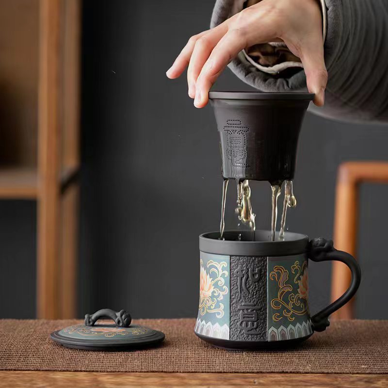 Cốc văn phòng cao cấp chuyên dụng cá nhân Zisha cốc nước pha trà cốc trà vẽ tay cốc tách trà lọc có nắp cốc gia dụng