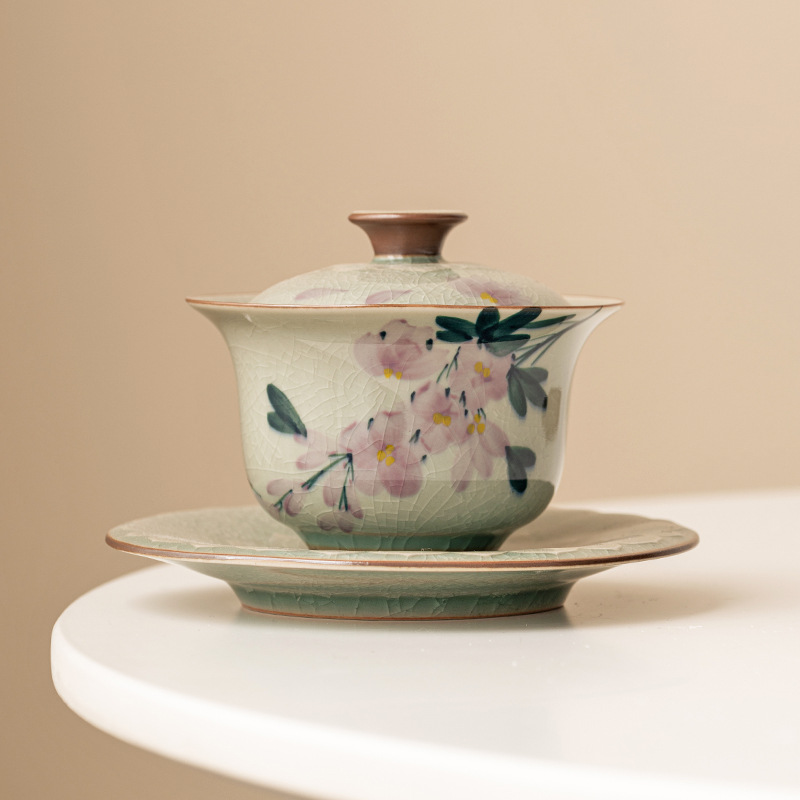 Men Borneol tinh khiết vẽ tay bát có nắp Ba tài năng Bộ trà Kung Fu tách trà gốm sứ mở Bát trà không nóng tay dụng cụ pha trà gia dụng