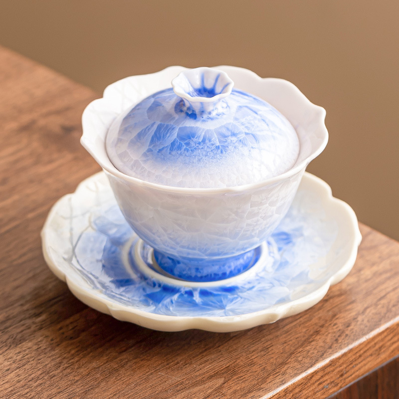 Bát nắp miệng hướng dương xanh tráng men pha lê cốc trà bát pha trà gốm sứ tam tài cao cấp có nắp bộ trà kungfu chống bỏng đơn