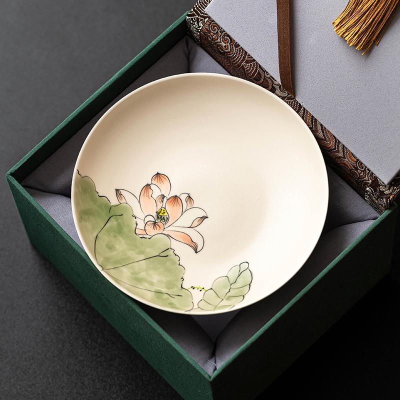 Bình hoa sen vẽ tay màu hồng, khay đựng gốm sứ gia dụng hình tròn, khay đựng trà cổ điển kiểu Trung Quốc, phụ kiện trà đạo