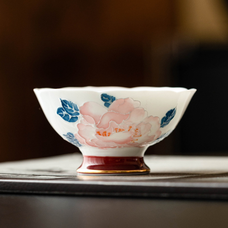 Cốc miệng hoa mẫu đơn vẽ tay cốc trà gốm sứ gia dụng cốc chủ nhân cốc trà Kung Fu cốc trà hộp quà
