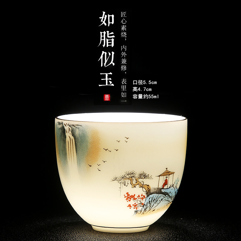 Cốc pha trà sứ ngọc bích mỡ cừu cốc trà cốc chủ nhân cốc đơn gốm sứ cốc trà Bộ trà gia dụng kiểu Trung Quốc cốc trà