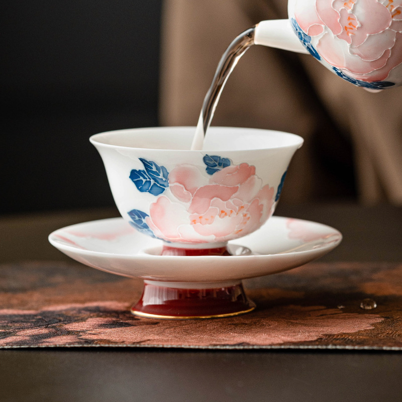 Cốc trà gốm sứ cốc chủ nhân vẽ tay hoa mẫu đơn Chaoyan cốc và đĩa bộ dụng cụ trà Kung Fu gia dụng cốc trà