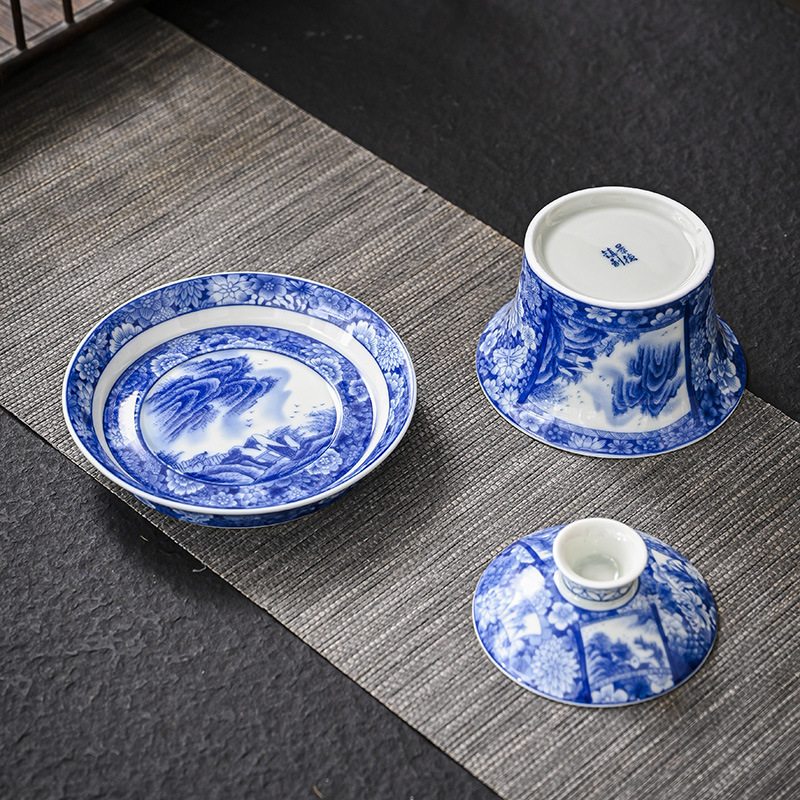 Jingdezhen sứ trắng xanh bát nắp tam tài cốc trà Bộ trà Bát pha trà bát Gốm sứ văn phòng gia dụng đơn