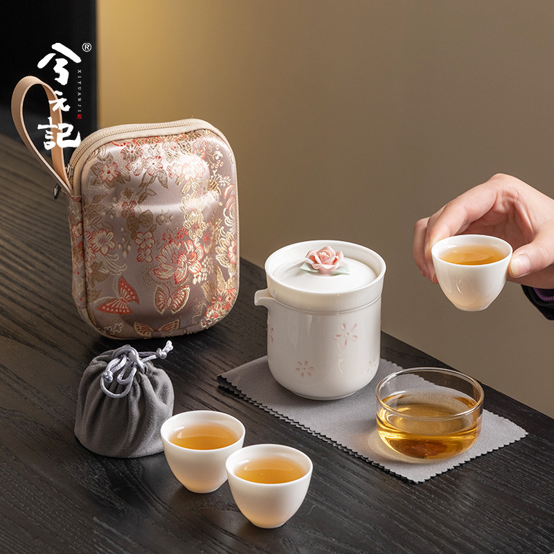 Bộ ấm trà du lịch tinh tế bằng sứ ngọc, một người uống cho nữ, một ấm ba cốc, thiết bị uống trà di động
