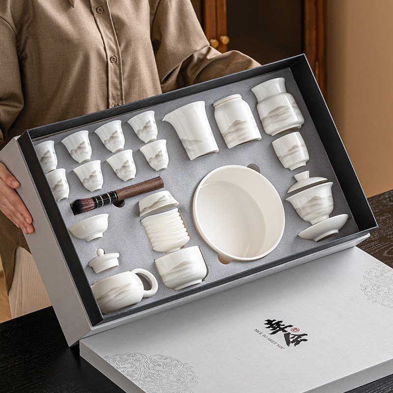 Bộ ấm trà Kung Fu Wanshan Yangzhiyu Bộ ấm trà sứ trắng cao cấp văn phòng gia dụng có nắp cốc trà hộp quà