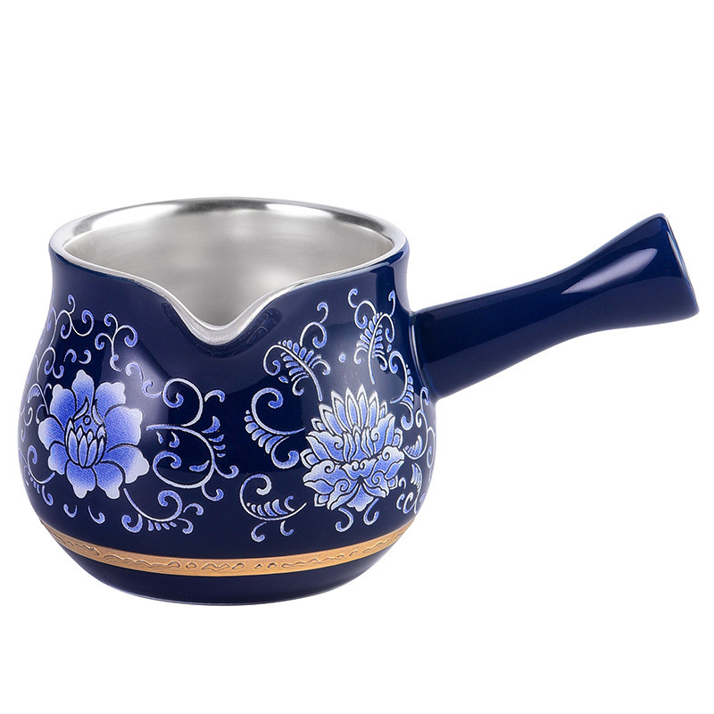 Cốc công bằng mạ bạc màu xanh và trắng 999 cốc công bằng tay cầm bên cốc chia bộ đồ trà bộ trà gốm sứ chịu nhiệt độ cao