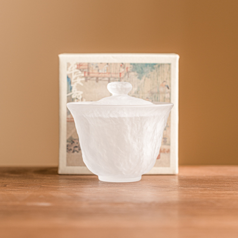 Bát trà có nắp Sancai Shangshen Liuli Bát trà trắng mờ kiểu Trung Quốc Có Nắp Bát Trà chống bỏng đơn gia dụng cao cấp