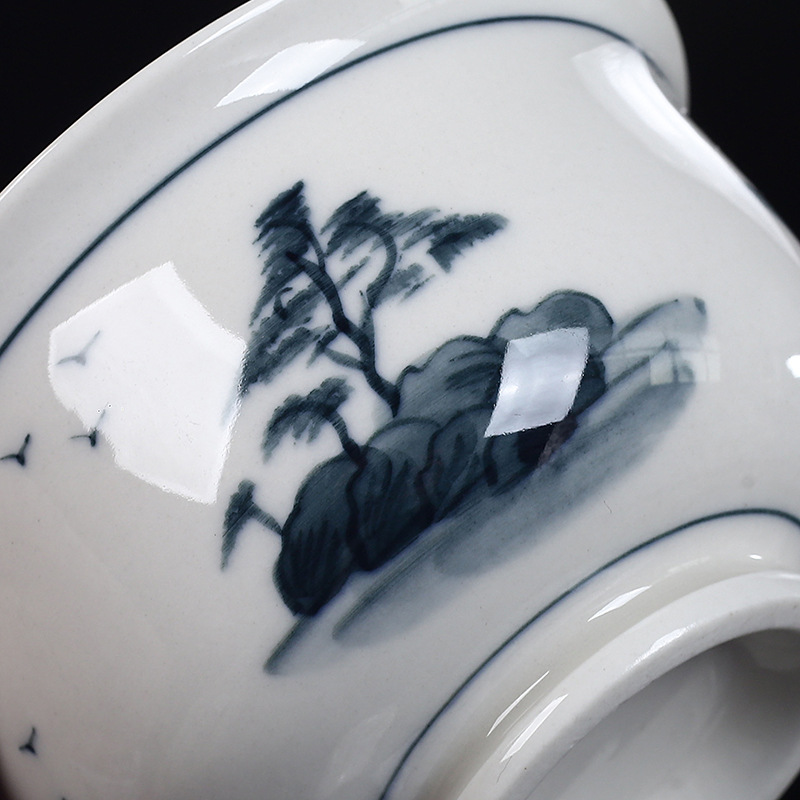 Màu men vẽ tay có nắp, cốc trà, bát pha trà, bát trà Kung Fu cao cấp tinh tế màu xám và trắng sứ trắng