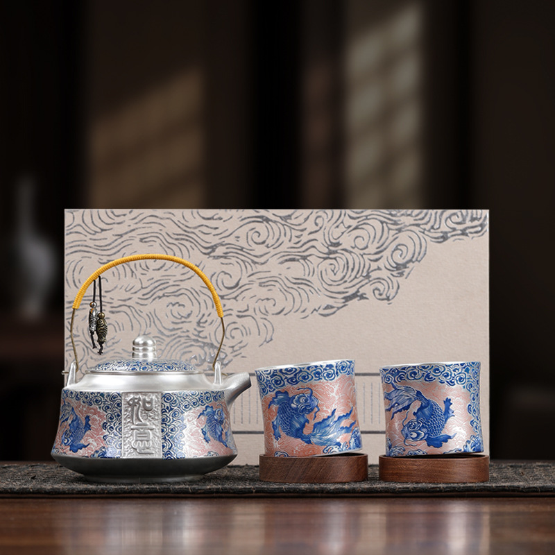 Ấm trà gốm sứ sang trọng nhẹ cao cấp có tay cầm, bộ tách trà, một ấm và hai tách, ấm trà bạc mạ vàng kiểu Trung Quốc, bộ trà kung fu dùng trong gia đình.