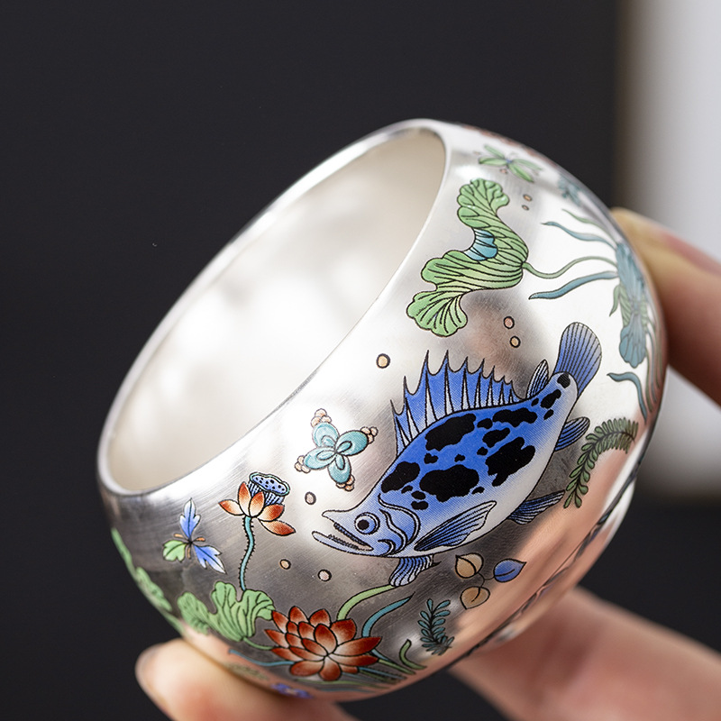 Bộ ấm chén trà Kung Fu mạ bạc, họa tiết Cá Xishi, gồm 1 ấm và 2 chén, hộp quà tặng cao cấp, quà lưu niệm.