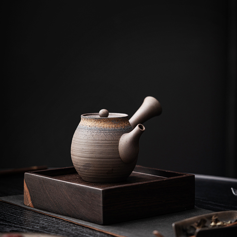 Ấm trà kiểu Trung Quốc có tay cầm bên dùng trong gia đình, ấm trà cổ điển, bộ trà Kung Fu, ấm trà cầm tay, ấm pha trà bằng gốm thô có bộ lọc, ấm đơn, phong cách Nhật Bản.