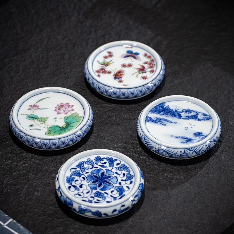 Lót cốc sứ trắng xanh cổ kính, khay đựng cốc, nắp đựng trà gốm sứ cổ điển, bình chống bỏng cách nhiệt, phụ kiện Bộ trà Kung Fu