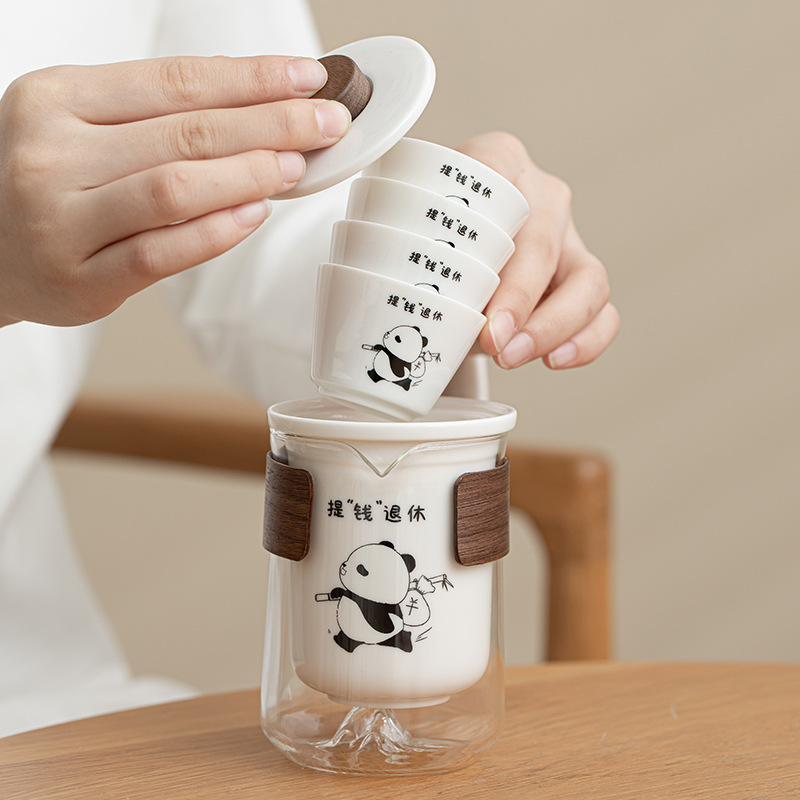 Panda mỡ cừu ngọc cốc khách nhanh ngoài trời di động hoạt hình một bình bốn cốc trà gốm sứ bộ trà kung fu ngoài trời