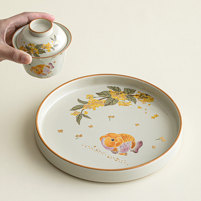 Khay pha khô cá osmanthus vàng xám thực vật phong cách dân tộc khay trà hình tròn gốm sứ gia dụng khay trái cây kiểu Trung Quốc phụ kiện bộ trà Kung Fu