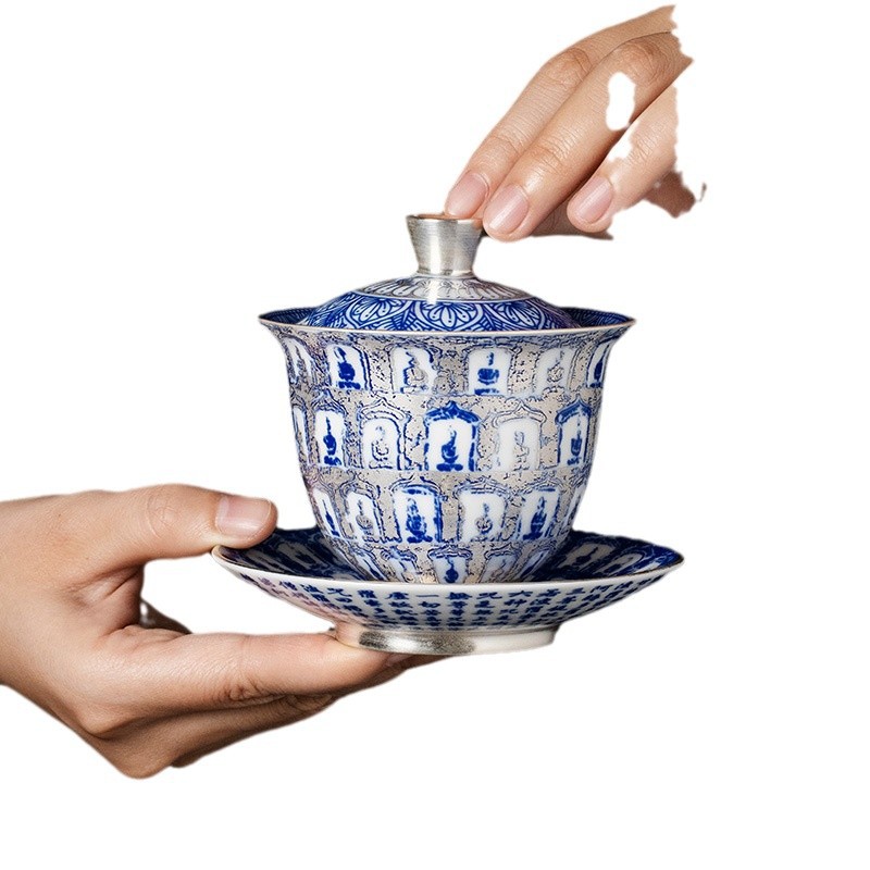 He Fusen mạ bạc màu xanh và trắng Đôn Hoàng Ngàn Phật Ba Tài năng Bát để tặng quà sinh nhật cho nam và nữ lãnh đạo lớn tuổi