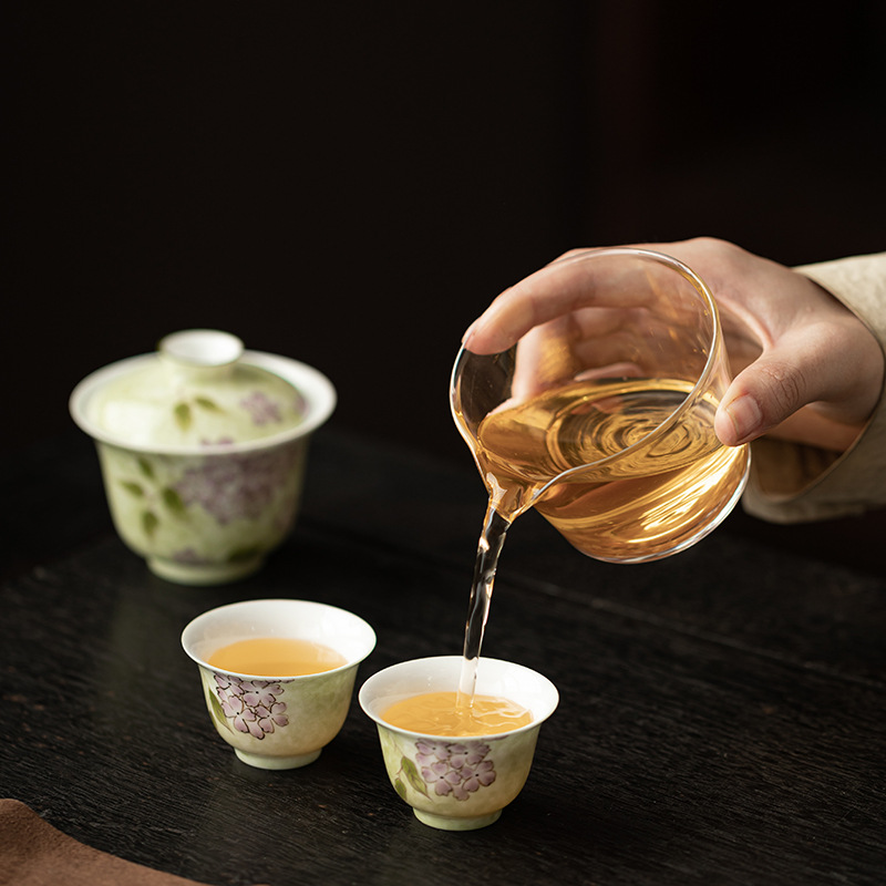 Bát hoa cẩm tú cầu vẽ tay có nắp bộ trà du lịch cầm tay một bát hai cốc gốm sứ nhanh cốc pha trà cắm trại ngoài trời